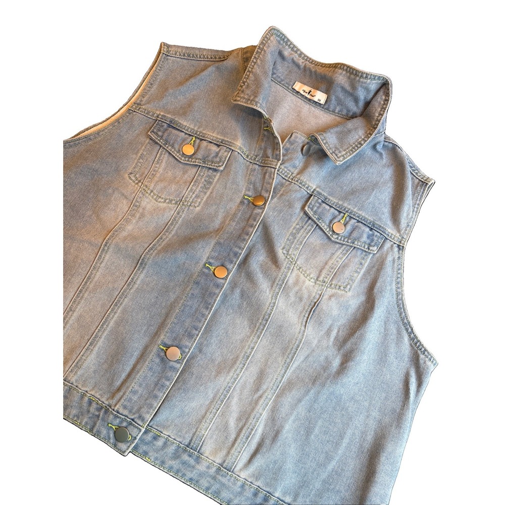 Vintage Rinse Cropped Agnes Orinds Blue Jean Jacket Vest Lime Thread Women's 3xL